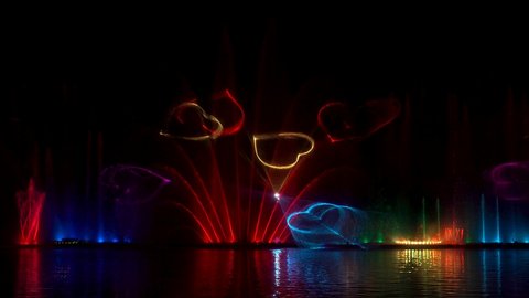 Musical colorful dancing fountain. Musical fountain with laser animations.Fountain.