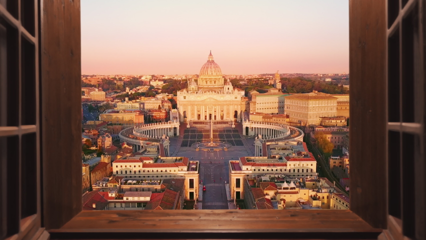 Rome vatican city st peter basilica aerial view at sunrise,drone moving out from the house window | Shutterstock HD Video #1058932484