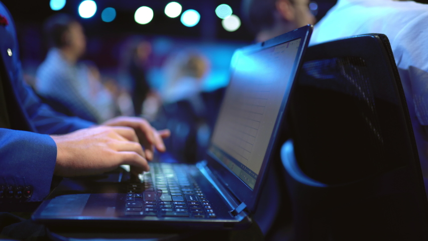Crowd student study forum business man audience college. Education auditorium person typing keyboard closeup. Studying crowded seminar type notebook. Audience group people listen educational speech.