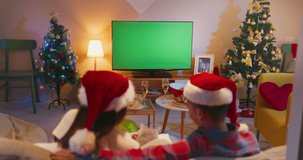 Christmas holidays concept   Asian young couple are watching green chroma key screen TV and petting their cat while sitting on couch in the living room