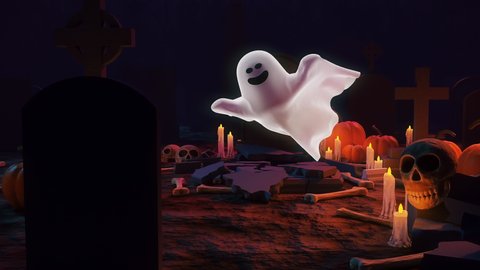 4k Halloween background animation with the concept of flying through a cemetery with ghosts, skulls, and  happy Halloween text coming out from a grave 