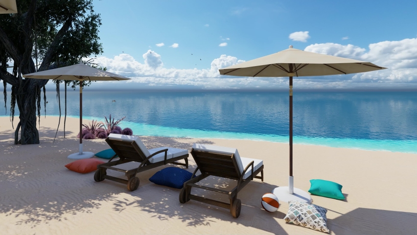 Panoramic beautiful sandy beach with two sunbeds and white umbrella in Indian ocean, Maldives island. Landscape palms turquoise sea and blue sky. 4K View.