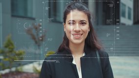 Young smiling woman Anamation scanning Of The Face eye of look at camera technology recognition human software identification information sci-fi digital biometric slow motion - Powered by Shutterstock - Get 15% off with code: PIKWIZARD15