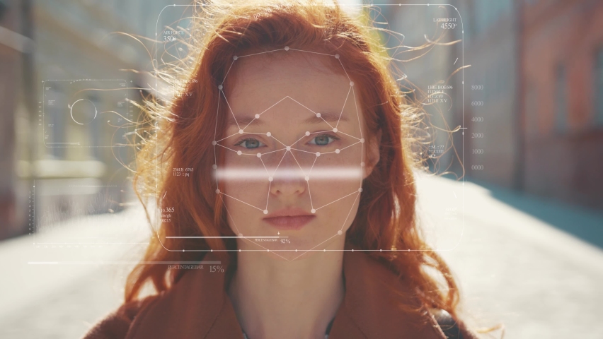 Close up beautiful woman Anamation scanning Of The Face eye of look at camera smiling technology recognition human software identification information sci-fi digital biometric slow motion | Shutterstock HD Video #1058949887