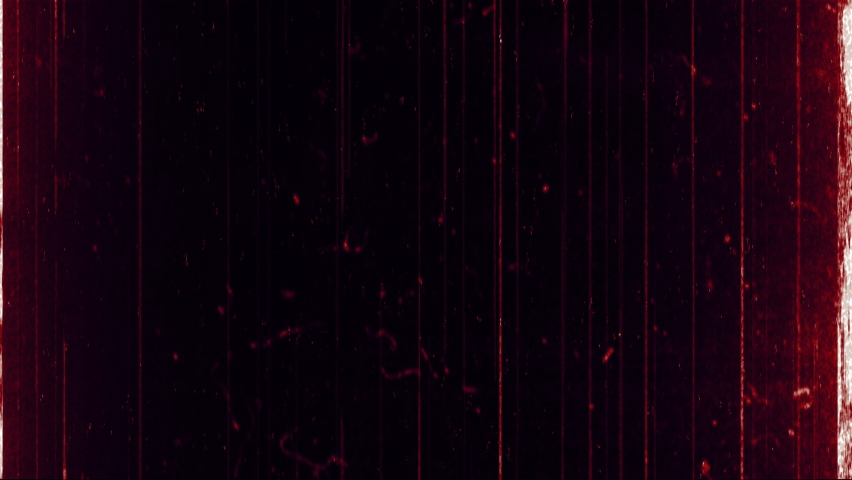 4K Overlay retro film FX effect. Old film strip rolling with details, scratches, noise and grain. Hand written markers and lines on noisy tape. Vintage film burn with light leaks in red, violet colors