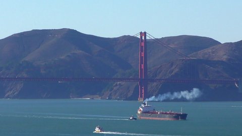 Cargo ship as seen from the Coit Tower on Telegraph Hill in San Francisco, California, circa October 2018