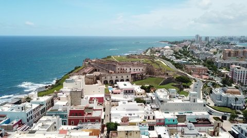 Vibrant San Juan Puerto Rico Cityscape Aerial, Castillo San Cristobal Fortress and Atlantic Ocean and Downtown in Background
