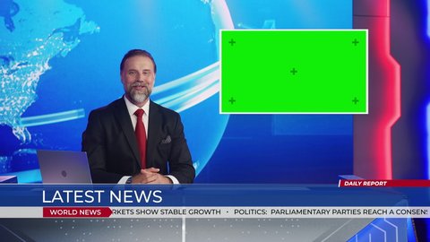 Live News Studio with Handsome Male Newscaster Reporting on a Story, Uses Green Chroma Key Screen Placeholder Copy Space.Television Newsroom Channel with Professional Presenter, Anchor Talking
