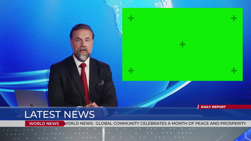 Live News Studio with Handsome Male Anchor Reporting on a Story, Uses Green Chroma Key Screen Placeholder Copy Space. Television Newsroom Channel with Professional Presenter Royalty-Free Stock Footage #1058960747