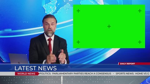 Live News Studio with Handsome Male Anchor Reporting on a Story, Uses Green Chroma Key Screen Placeholder Copy Space. Television Newsroom Channel with Professional Presenter