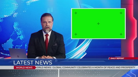 Live News Studio with Handsome Male Newscaster Reporting on a Story, Uses Green Chroma Key Screen Placeholder Copy Space.Television Newsroom Channel with Professional Presenter, Anchor Talking