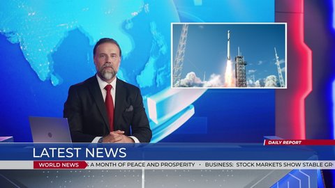 Live News Studio with Anchor Reporting on a Successful Rocket Launch, Video Montage Shows Space Ship Taking off and Astronaut Inside Cabin Showing Thumbs Up. Space Exploration. Mock-up TV Channel