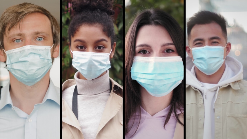 Collage group of people in masks, collage citizens Virus mask on street wearing face protection in prevention for coronavirus covid 19. public space on quarantine Royalty-Free Stock Footage #1058963354