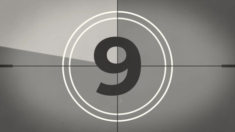 Countdown movie from 9 to 0 number. Old film movie timer count in grey retro style. Vintage video timer, retro cinema animation.
