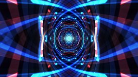 Seamless loop animation of colorful blue and red neon light trails moving in the matrix tunnel for technology. science, futuristic, music videos, performance, fashion events abstract background.