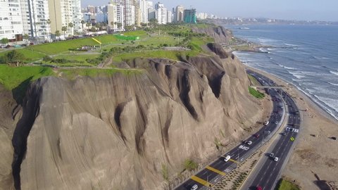 Aerial video of Lima Peru. Lima, capital of Peru, next to the Pacific ocean. Miraflores district.
