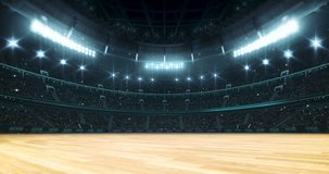 Entrance tunnel leading to illuminated basketball stadium with wooden floor and full of fans. Glowing stadium lights in 4k video background.