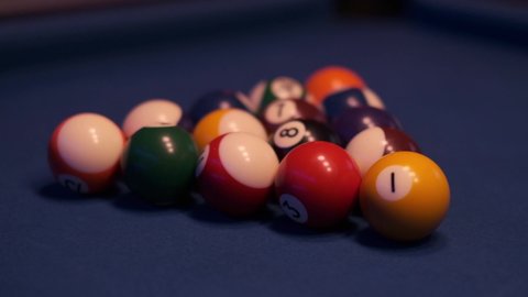 Billiards break pool table close up. Slow Motion.