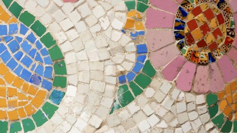 Details with Ceramic tiles of the facade of Palau de la Música Catalana in Barcelona, Spain. 4k