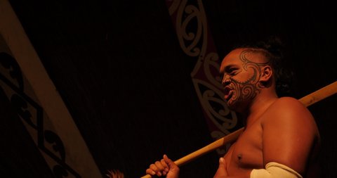ROTORUA, NEW ZEALAND - 5 JANUARY 2020: Maori tribes traditional greeting show. Vicinity of Rotorua town. The Maori are the indigenous Polynesian people of New Zealand.