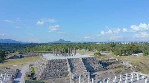 panoramic view of the pyramid with 4 huge Atlanteans on top in the archaeological zone of Tula