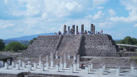 panoramic view of the pyramid with 4 huge Atlanteans on top in the archaeological zone of Tula