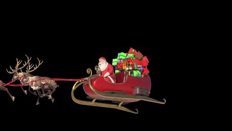 Santa Sleigh Fast Flies Front Alpha Matte Christmas Reindeer 3D Rendering Animation 4K