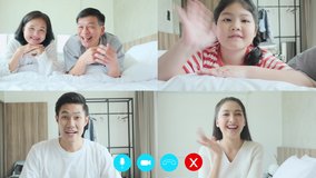 Headshot portrait screen application view of happy Asian family multi generation parent, grandparent and daughter talk on video call online, Webcam chat on laptop, quarantine at home new lifestyle