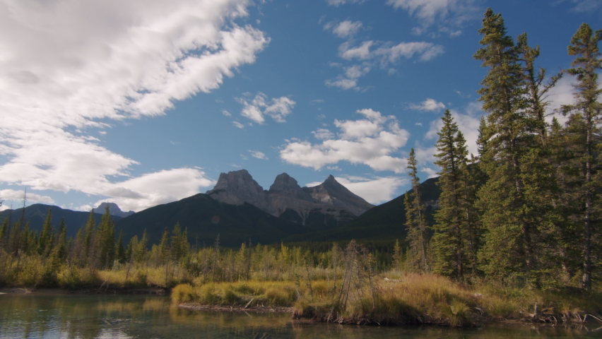 Beautiful Rocky Mountain Time-lapse in Canmore and Banff National Park Canada, The Three Sisters Money Shot in Canmore Alberta Royalty-Free Stock Footage #1058979077