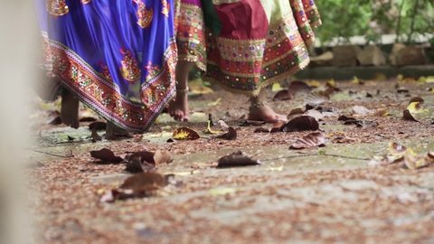 Foot Closeup of Women Walking Barefoot in Indian Cultural Dress| Anklets Bracelet, Chaniyacholi, Jhanjar, Payal, Gujarati