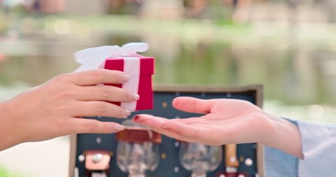 4K Slow motion gift video. Close up women giving cute red box with white silk ribbon with surprise present. Gifting in green park on background. Women's Day, life event, birthday, holiday, celebration