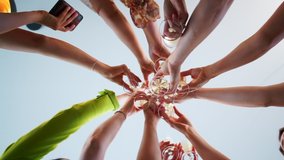 Summer. Movement many hands with clinking glasses beverage at wedding celebration, drinking alcohol. Summer celebration. Sound clinking glasses. Memorable event at summertime. Summer party background. - Powered by Shutterstock - Get 15% off with code: PIKWIZARD15