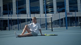 Portrait of professional beautiful sport expirienced woman tennis player with a racket, female sport activity, motivational video, american player before game.