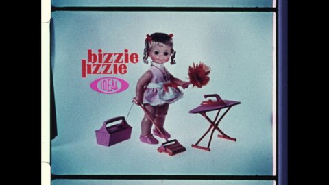 1970s USA Ideal Toy Company Bizzie Lizzie Doll with her own Feather Duster, Carpet Sweeper, Iron, and Vacuum. Patriarchy in Children Toys. 4K Overscan of Archival 16mm Film of Vintage Television Ad