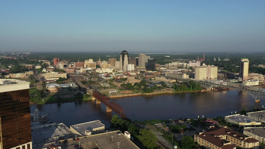 Shreveport Louisiana Wide Drone Shot Overlooking the City the City and River | Shutterstock HD Video #1058996708