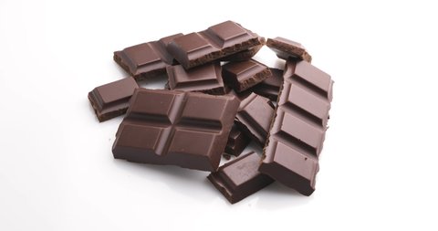 Pieces of chocolate bar isolated on white background, rotates 360 degrees clockwise.