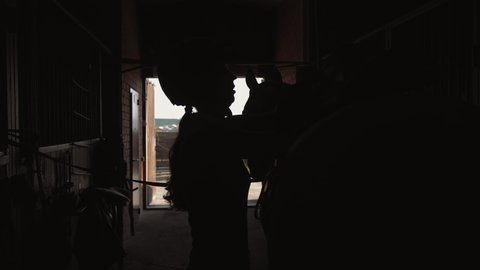 Silhouette of female rider puts saddle on her horse in stable. Professional jockey woman prepares animal for dressage.