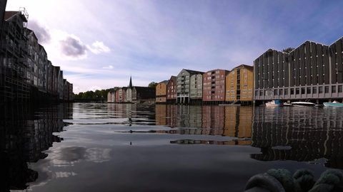 Low shot of waterfront houses in Trondheim, Norway, Europe