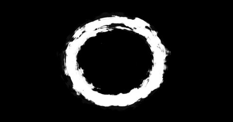 Abstract white circle drawn with brush strokes on black background. 2D animation of letter O. Rotation sign with dirty effect. Creative element for motion graphics design. Video figure twisting wheel.