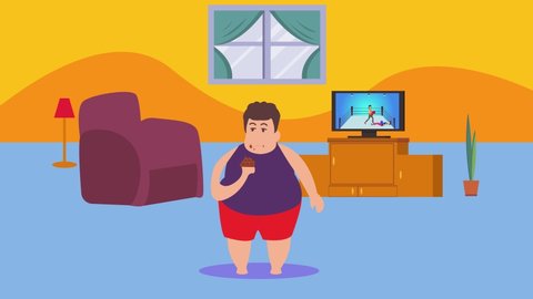 Fat man animation eating a chocolate bar while standing with boxing match on television in the living room at home. Shot in 4k resolution
