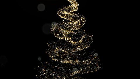 4K Golden particles and sparkles. Christmas gold glitters. Bokeh lights. 3D glowing dust trail. Isolated on black. Particle trace animation