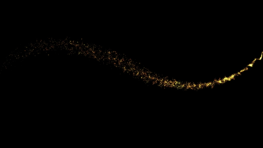 4K Golden particles and sparkles. Christmas gold glitters. Bokeh lights. 3D glowing dust trail. Isolated black. Xmas 2023.