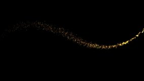 4K Golden particles and sparkles. Christmas gold glitters. Bokeh lights. 3D glowing dust trail. Isolated black. Xmas 2024.