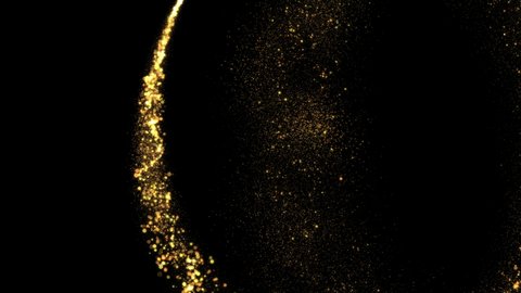 4K Golden particles and sparkles. Christmas gold glitters. Bokeh lights. 3D glowing dust trail. Spiral flight dust. Isolated on black. 3840x2160p