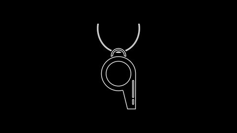 White line Whistle icon isolated on black background. Referee symbol. Fitness and sport sign. 4K Video motion graphic animation