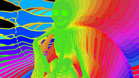 Seamless animation dancing skeletons rainbow feedback style cartoon. Funny halloween background with marker stroke effect with echo effect.