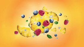 Raspberries, pineapple and blueberries on a yellow background.