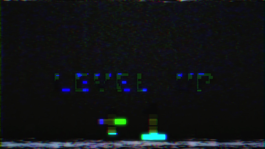 Glitch pixel video game screen animation with pixel text Level Up Plus one. VHS vignetted capture effect, Tv screen noise glitch and transition effect for video editing Royalty-Free Stock Footage #1059032645