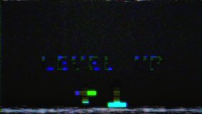 Glitch pixel video game screen animation with pixel text Level Up Plus one. VHS vignetted capture effect, Tv screen noise glitch and transition effect for video editing