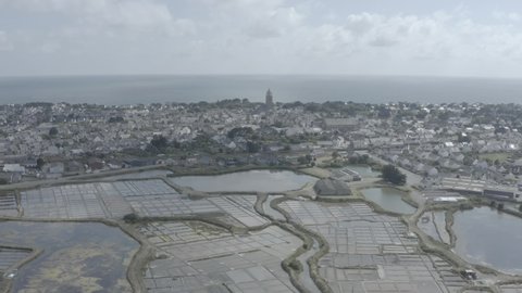 D-Log Mavic 2 Pro aerial view of the Guérande salt marshes and the village of Batz-sur-Mer in the Loire-Atlantique department in French Brittany